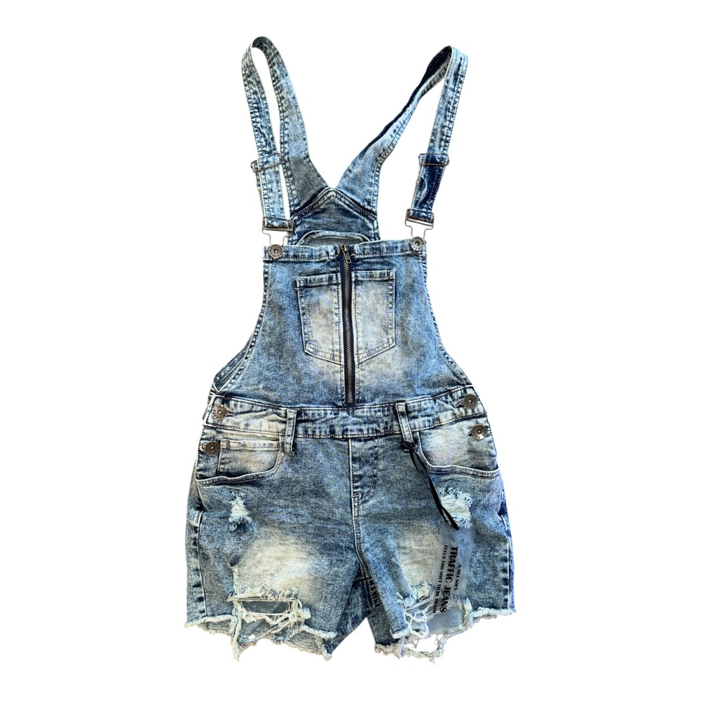 Distressed Denim Overall Shorts, Size 7, Ripped Design, Front Zipper Closure